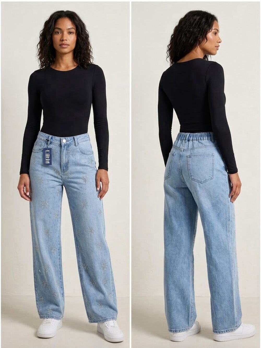Denim Style Shop Light Wash Rhinestone Snowflake Wide Leg Jeans Size S Elastic